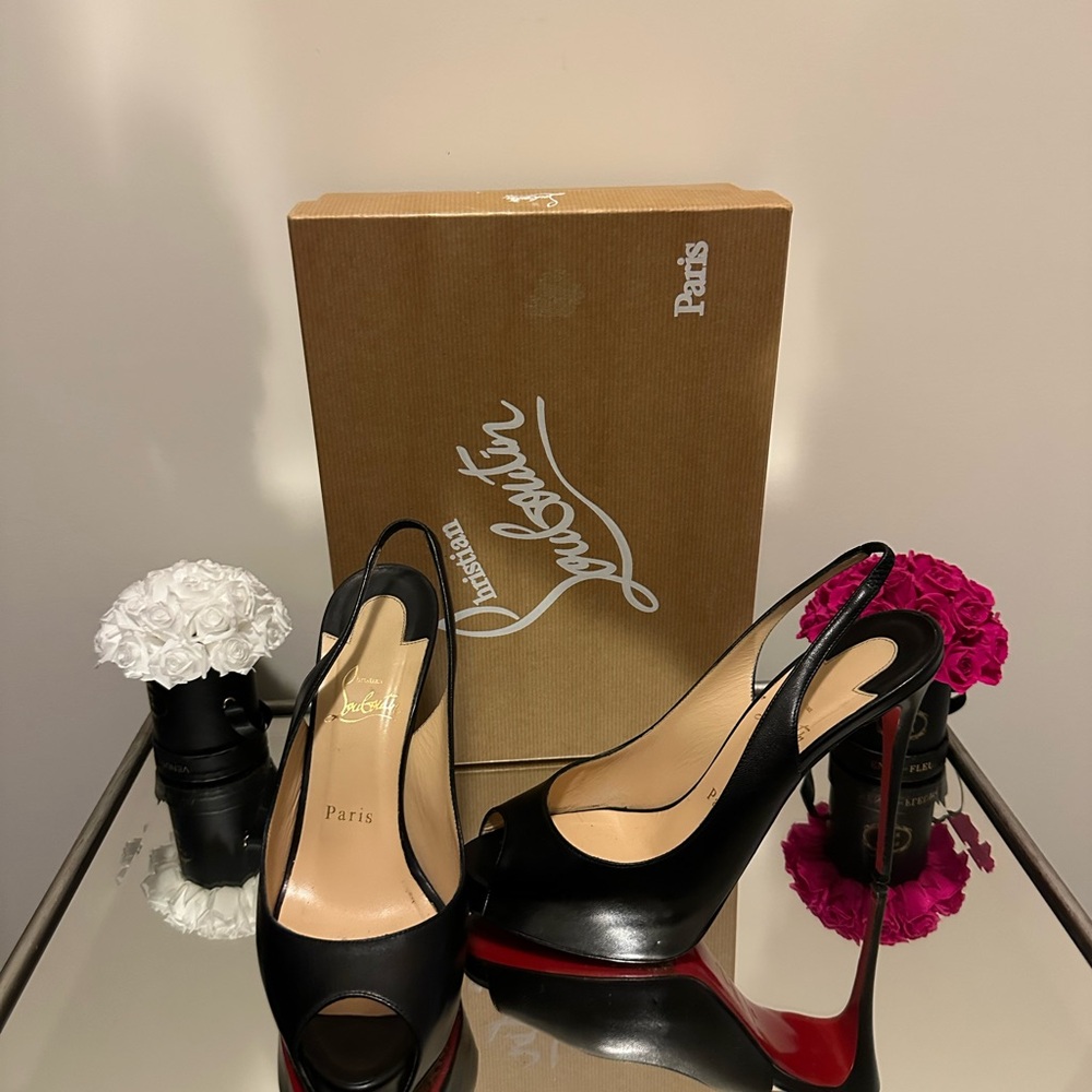 Christian Louboutin Black Peep-Toe Slingbacks